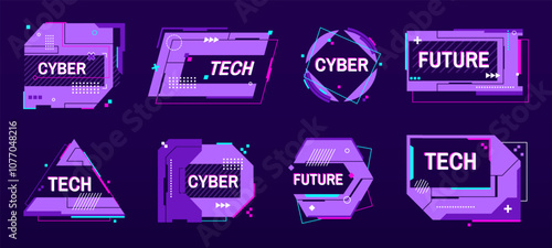 Tech banner frames. Cyber futuristic labels and digital glitch badge templates with abstract sci fi text boxes and hi tech design elements. Glitched label layouts vector set.
