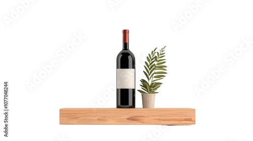 A stylish red wine bottle with a blank label beside a potted plant on a wooden shelf, perfect for aesthetic decor imagery. photo