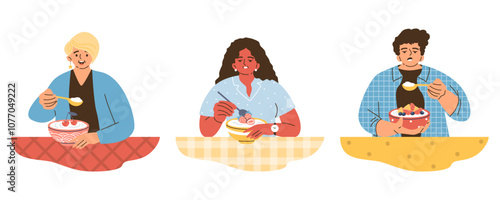 Vector illustration of a happy woman and a people with tired expressions eating yogurt