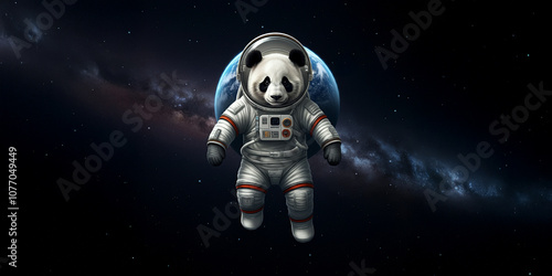 Panda Astronaut Floating in Outer Space in a Space Suit, Planet Earth, Stars, Science, Funny Animal Galaxy Image
 photo