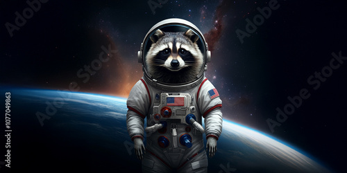 Raccoon Astronaut Floating in Outer Space in a Space Suit, Planet Earth, Stars, Science, Funny Animal Galaxy Image
 photo