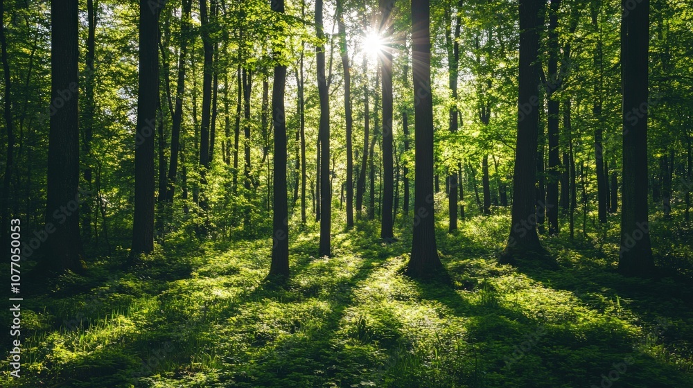Naklejka premium Vibrant Summer Forest Sunlight Dappled Shadows Rich Green Foliage
