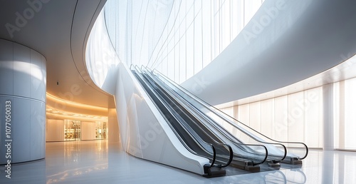 A white, curved, tall wall with an escalator running up the center of it in the Dubai Mall interior