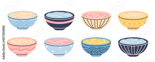 Yogurt bowl different colors, sour or cheese cream vector flat icons set, mayonnaise or sauce in various ceramic plates