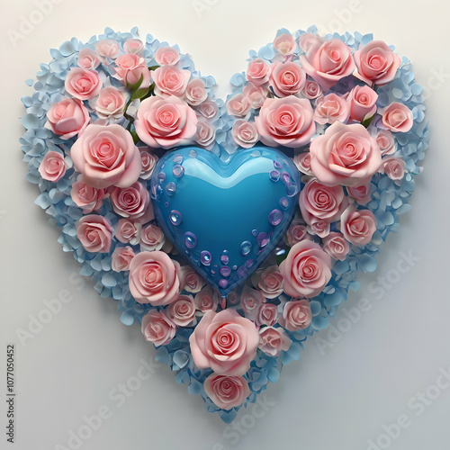 A polished 3D image of a glossy blue heart adorned with pink roses and a gentle cascade of tiny flowers, ending in petals of various hues. The white background is dotted with light pink bubbles of dif photo