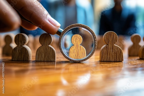 Magnifying Glass Focusing on Wooden Figures Symbolizing Human Resource Selection and Recruitment Process in a Professional Environment with Blurred Background