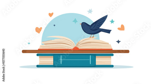 An open book with a bird perched on it, surrounded by whimsical hearts and stars, representing love for reading. photo