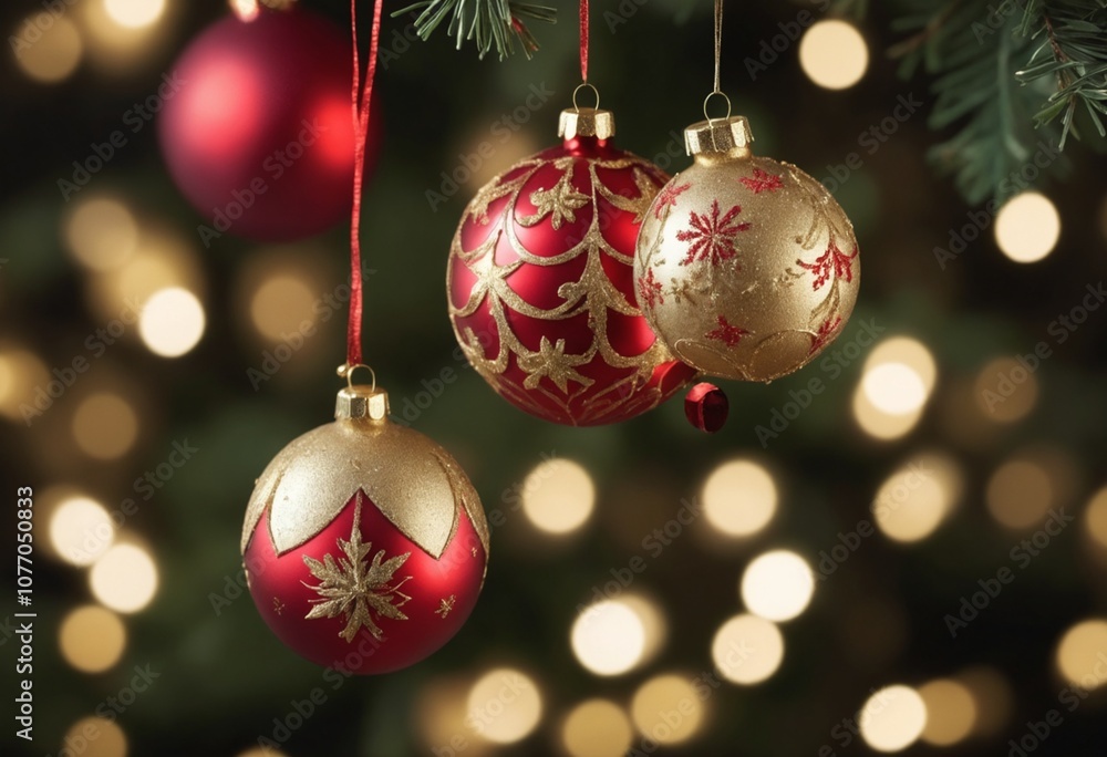Red and gold Christmas ornaments hanging against a sparkling bokeh background Red and gold Christmas ornaments hanging against a sparkling bokeh background