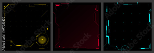 Futuristic tech backgrounds. Abstract cyber backdrop, sci fi digital interface square, high technology UI with geometric frames for video game menu design. Vector set.
