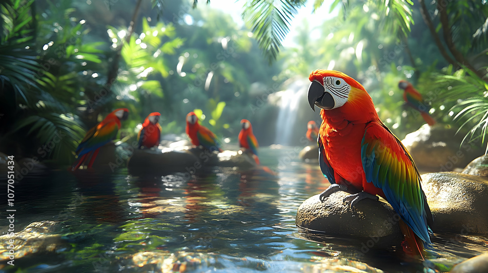 Macaw Bird Sitting on Rock by Waterfall in Jungle - 3D Illustration