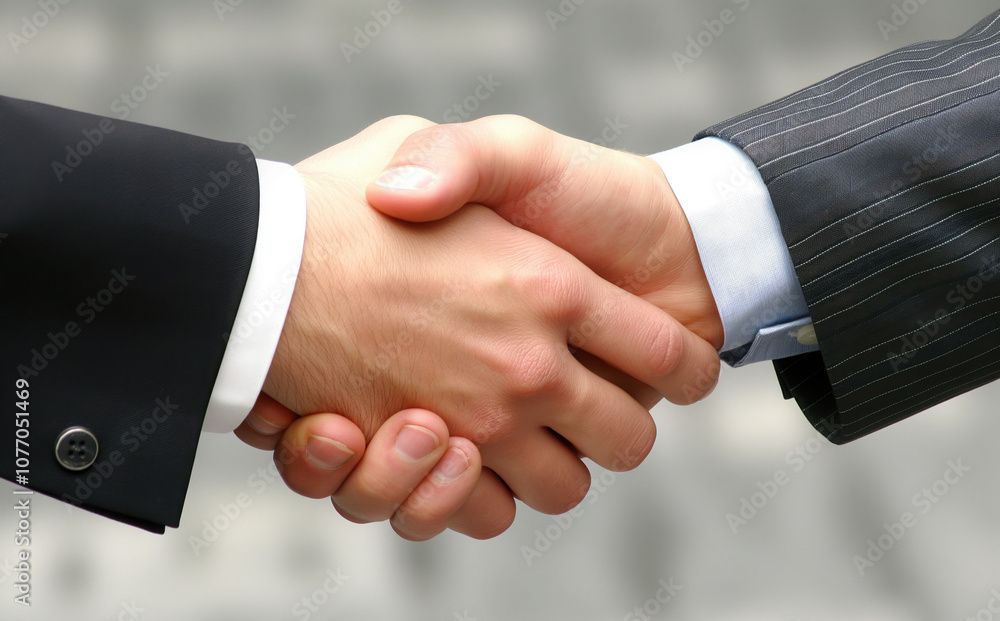 Partnership, business deal. Close up of handshake between two men in suits symbolizing trust and agreement. Teamwork and successful business