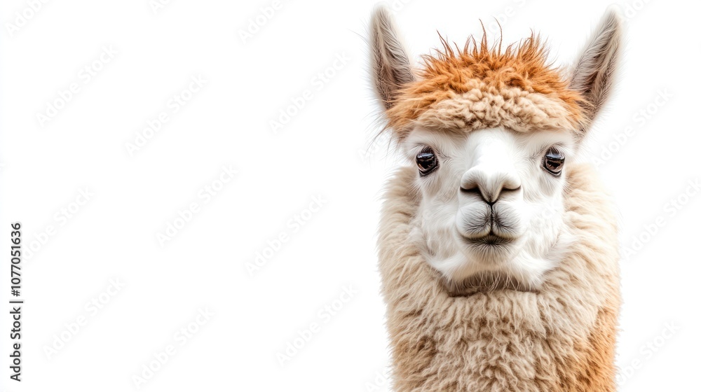 Obraz premium A close-up portrait of a white and brown alpaca with a curious expression, isolated on a white background.