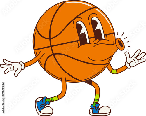 Groovy basketball ball character in retro cartoon with funny face, vector comic sport emoji. Groovy basketball ball whistling in silly good vibes for psychedelic sport character in retro cartoon