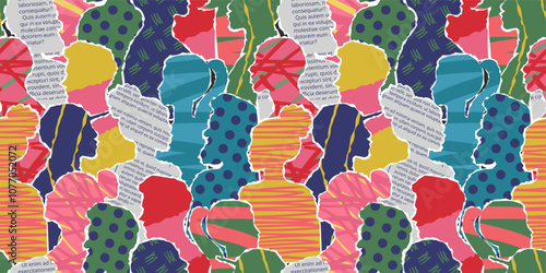 Crowd abstract art. Paper people silhouettes collage with newspaper text cutouts, polka dots and scribbles patterns. Social scrapbooking seamless pattern vector background illustration.