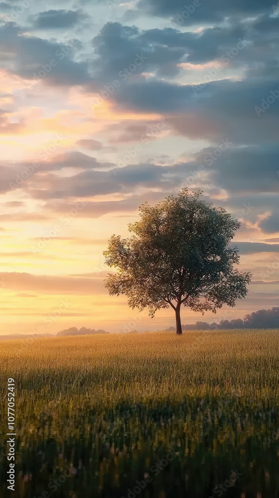Obraz premium Serene Sunrise Over Minimalist Field with Single Tree