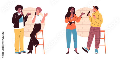 Couple with microphone host stand-up comedy show, artist man and woman tell jokes, humor conversation perform vector set