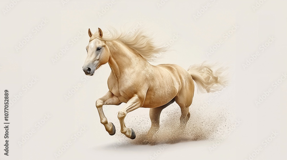 Obraz premium Majestic White Horse Galloping Across Sandy Ground with Flowing Mane and Graceful Movement, Capturing the Essence of Freedom and Nature's Beauty