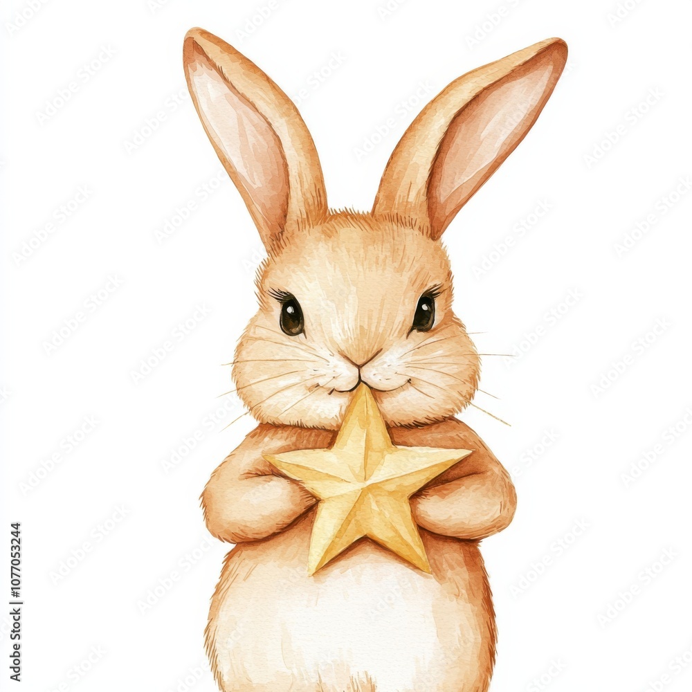 Obraz premium A charming rabbit holds a golden star, embodying whimsy and innocence in a delightful illustration.