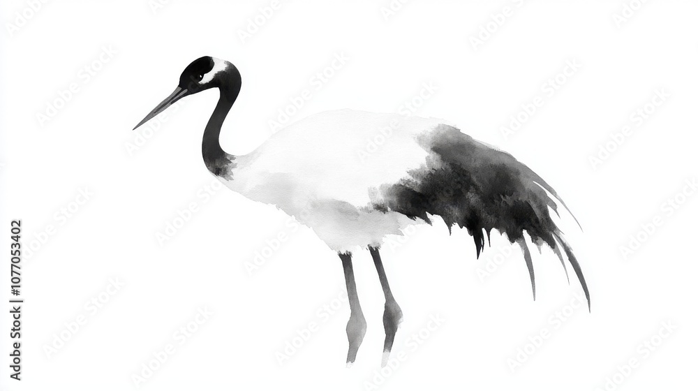 Obraz premium Elegant crane bird, black and white watercolor illustration on white background.