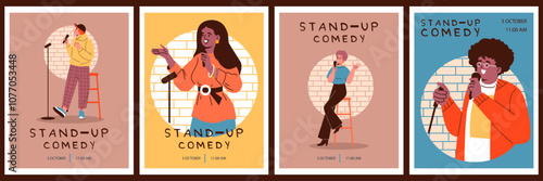 Comedian artist woman, man with microphone perform stand-up comedy show on stage vector announcement poster design set