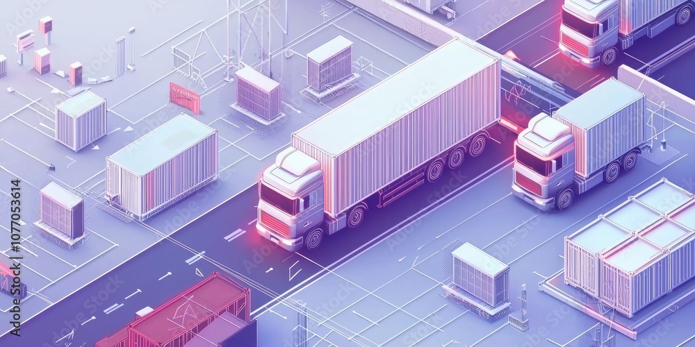 A modern isometric design of a logistic process, including different stages and elements like trucks, containers, and technology. A modern isometric design of a logistic process, including different stages and elements like trucks, containers, and technology.