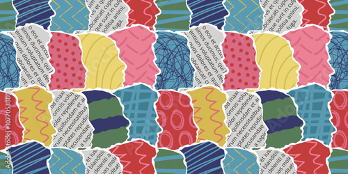 People crowd heads abstract art. Paper society silhouettes, humans collage with newspaper text scrapbooking cutouts, polka dots and scribbles patterns. Many people together seamless vector pattern.