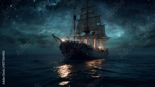 Wallpaper Mural Ghostly Sailing Ship on the Moonlit, Misty Ocean under Starry Sky Motion Video V1 Torontodigital.ca