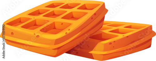 Cartoon Belgian wafers confectionery and sweet pastry. Vector two golden brown waffles are stacked on top of each other. Appetizing breakfast waffles with deep, square indentations and crispy texture