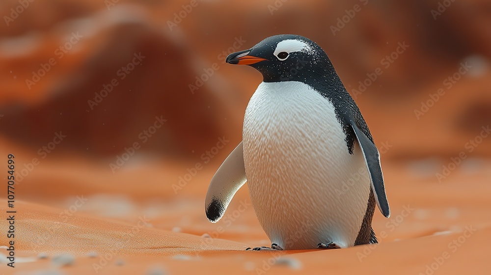 Fototapeta premium A penguin walks through the desert, an AI-generated symbolizing the bizarre and unexpected effects of climate change