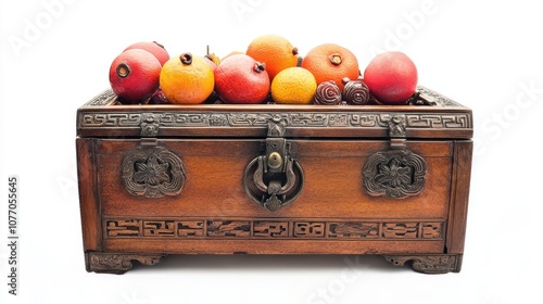 Elegant wooden box filled with assorted colorful fruits, on a white isolated background. photo