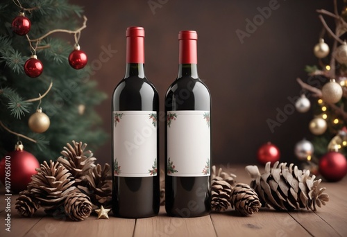 Wine bottle mockup with blank label, surrounded by festive Christmas decorations like pinecones and ornaments. Perfect for holiday product presentation