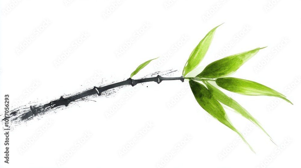Obraz premium Green bamboo branch with leaves, white isolated background.