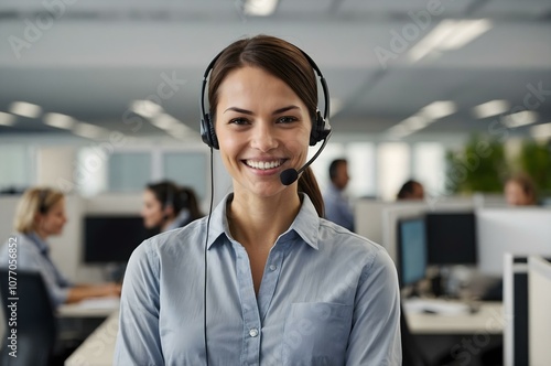 A young brunette beautiful woman in a smart shirt outfit smiles while wearing a headset, working as a call center operator in a busy blue office. The saleswoman assistent and secretary girl photo