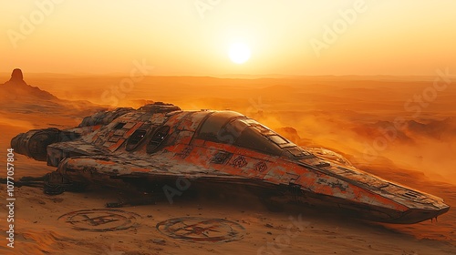 A crashed spaceship lies in the desert, the setting sun casting a warm glow over the scene.