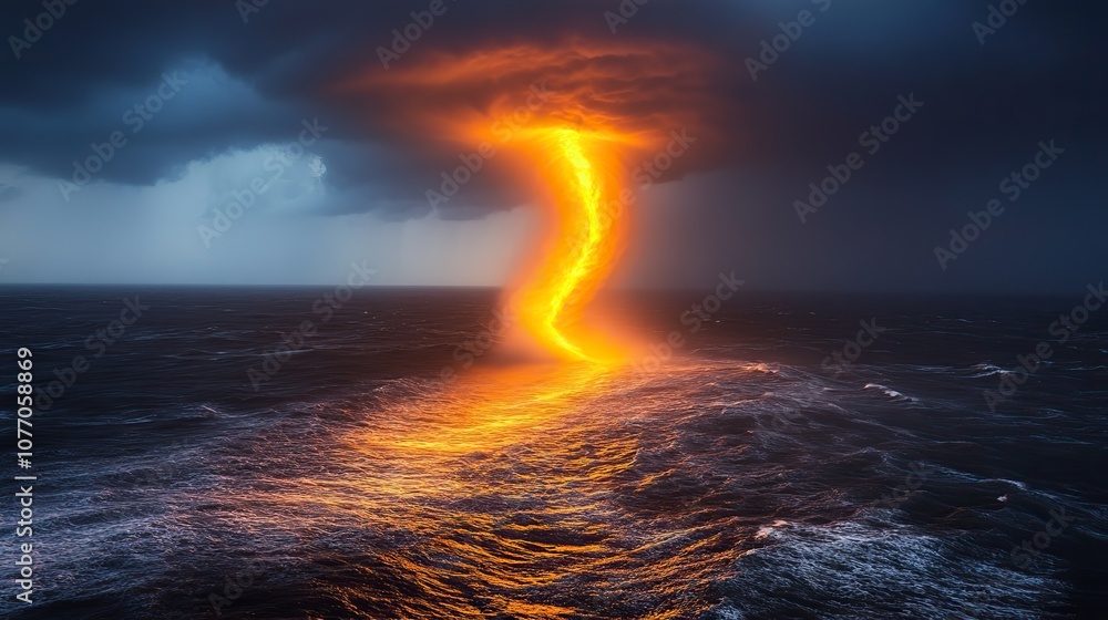 Fototapeta premium A powerful tornado forms over the ocean, a visual reminder of the extreme weather events fueled by global warming