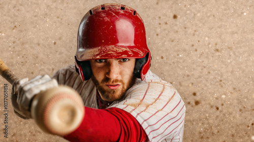 Close up of baseball player swinging bat, focused expression, wearing red helmet and uniform, capturing intensity of game