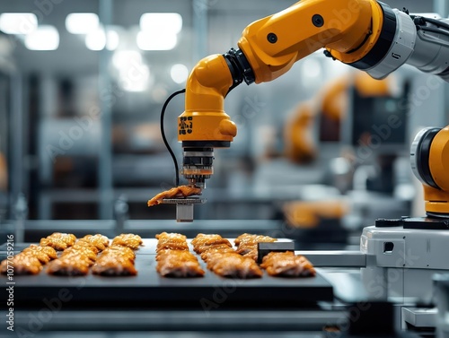 Robotic machine inspecting chicken fillets in processing plant, precise automation, food safety focus, clean factory setup photo