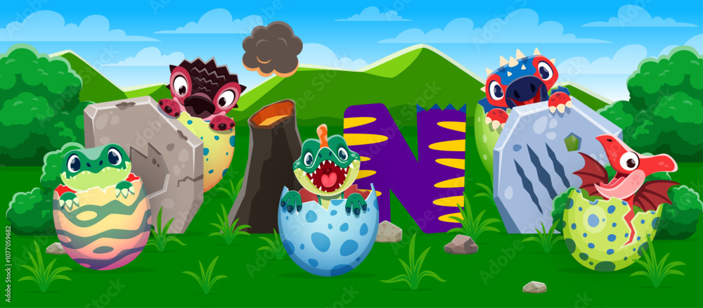 Obraz premium Funny cute dino kids characters in eggs on prehistoric nature landscape vector background. Cartoon baby dinosaurs hatching from egg shells and dino letters font made of volcano and fossil foot print