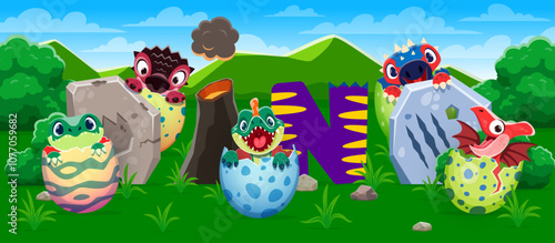 Funny cute dino kids characters in eggs on prehistoric nature landscape vector background. Cartoon baby dinosaurs hatching from egg shells and dino letters font made of volcano and fossil foot print