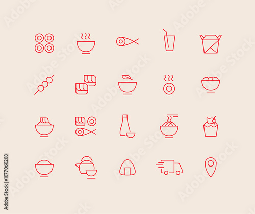Set of line icons for sushi cafe or restaurant. Asian food concept outline simple signs