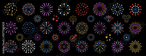 Colorful exploding festival Cartoon fireworks set, Isolated on blue background. Flat Style Vector Illustration. Vector Design Template great for Wrapping Papers, Web Banner, Wallpapers, Backgrounds