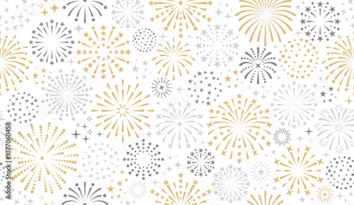 new year firework vector Seamless Pattern Illustration. golden and silver fireworks on white background. Art design suitable for Wrapping Paper Decoration, Web Banners, Greeting cards, Covers