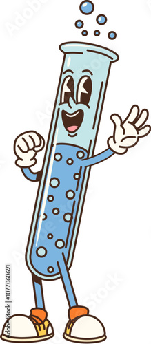 Cartoon groovy school test tube flask character. Retro chemical vial, funky science glassware. Isolated vector lab glass beaker filled with a blue bubbly substance, wears sneakers, ready for education