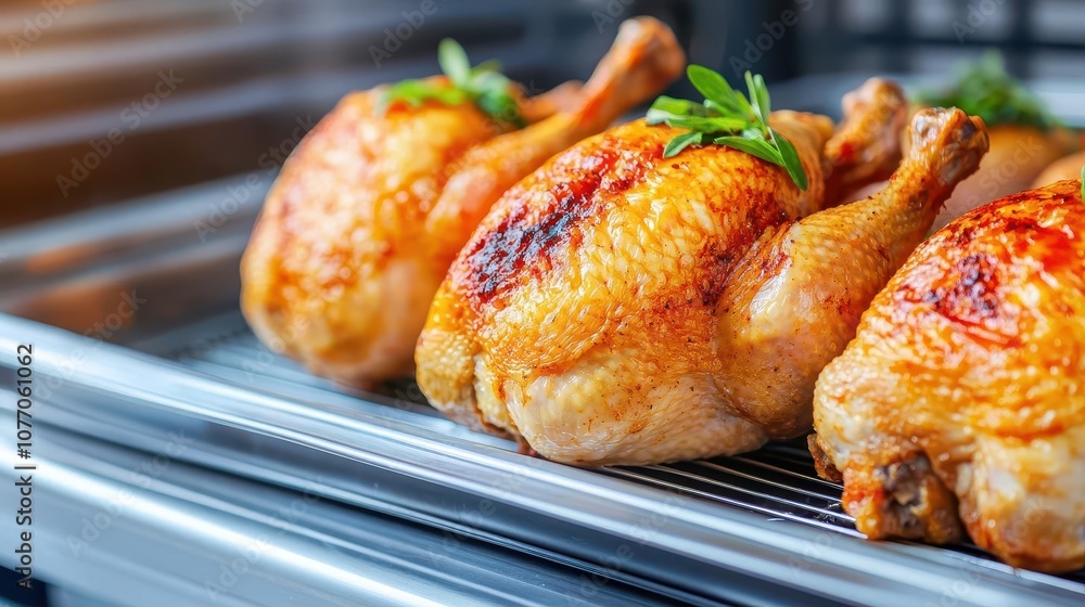 Fototapeta premium Packaged chicken on highspeed line in factory, logistics focus, organized process, cold storage, hygiene standards
