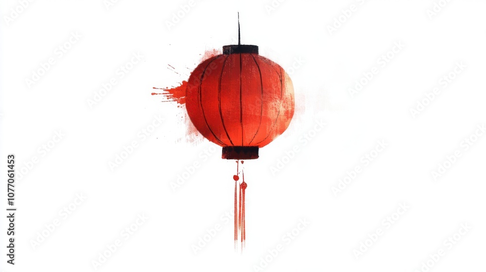 Obraz premium Red Chinese lantern with delicate features, white isolate background.