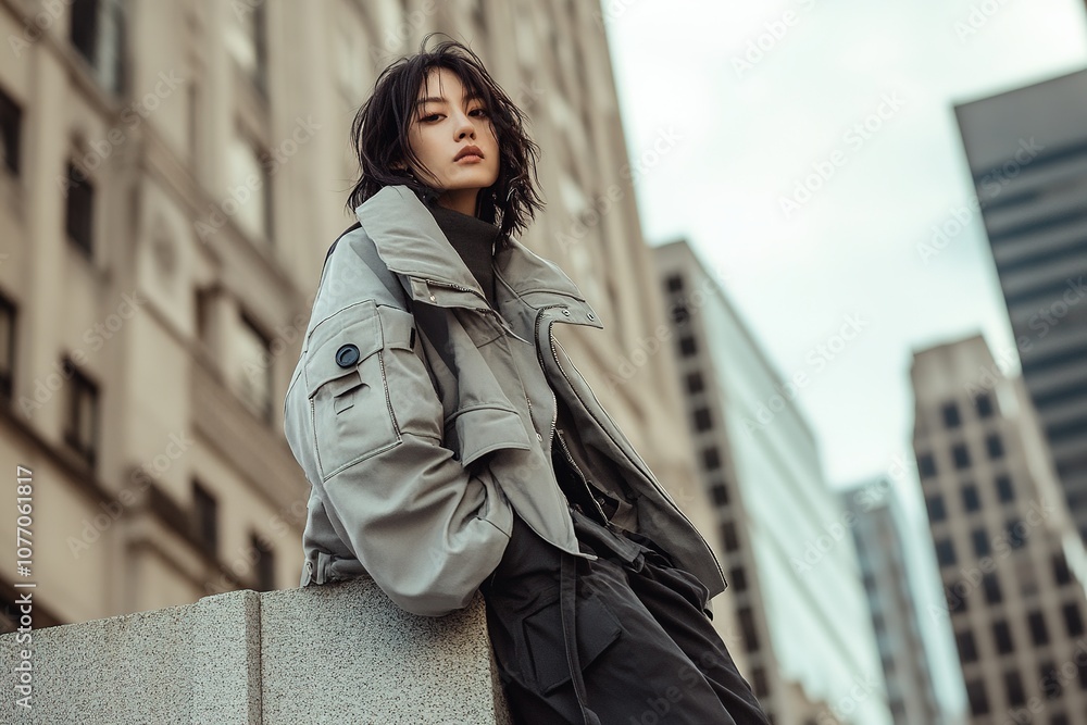 Fototapeta premium Stylish woman in urban backdrop, casual fashion.