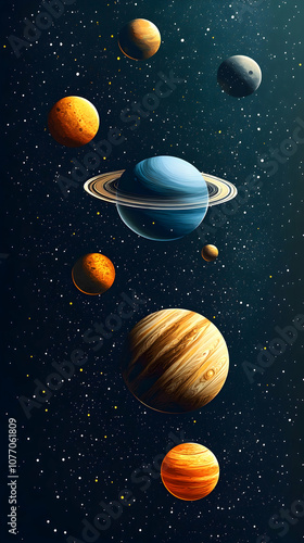 A vibrant depiction of the solar system with planets in a starry night sky. photo