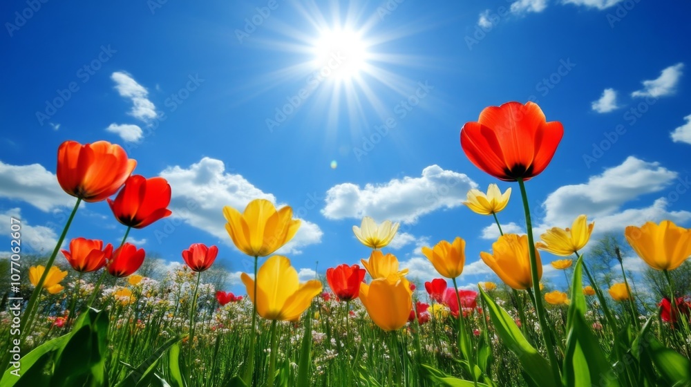 Fototapeta premium Vibrant Tulips Blooming in a Sunny Field