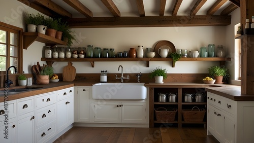 A warm kitchen with wooden beams, white cabinetry, and a large farmhouse sink. Decorated with vintage jars, hanging herbs, and open shelving, it feels homey and inviting, blending function with rustic