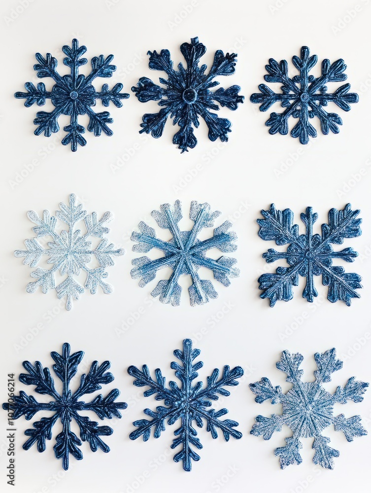 Fototapeta premium Various blue snowflake patterns on a white backdrop